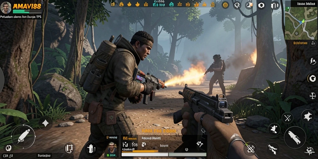 Screenshot gameplay AMAVI88 yang menunjukkan aksi TPS yang intens.