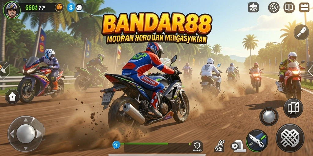 Tampilan gameplay menakjubkan dari BANDAR88 dengan balapan motor yang penuh aksi.
