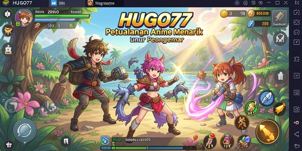 Tampilan gameplay HUGO77 dengan karakter Anime penuh aksi.