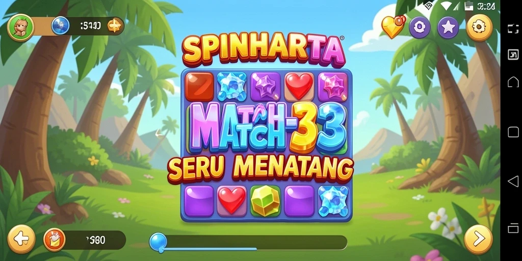 Tampilan gameplay SPINHARTA dengan kombinasi warna yang cerah dan animasi menarik.
